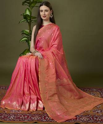 Peach soft banarasi silk saree with zari weaving meenakari design 4