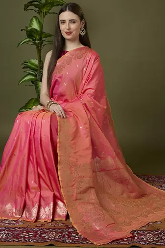 peach soft silk blend saree with zari weaving meenakari design