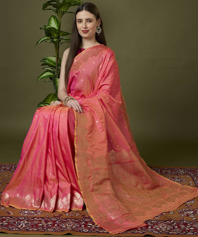 Peach soft banarasi silk saree with zari weaving meenakari design