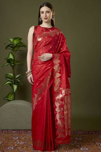 red soft silk blend saree with zari weaving meenakari design