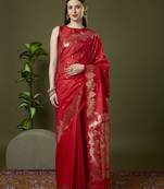 Red soft banarasi silk saree with zari weaving meenakari design