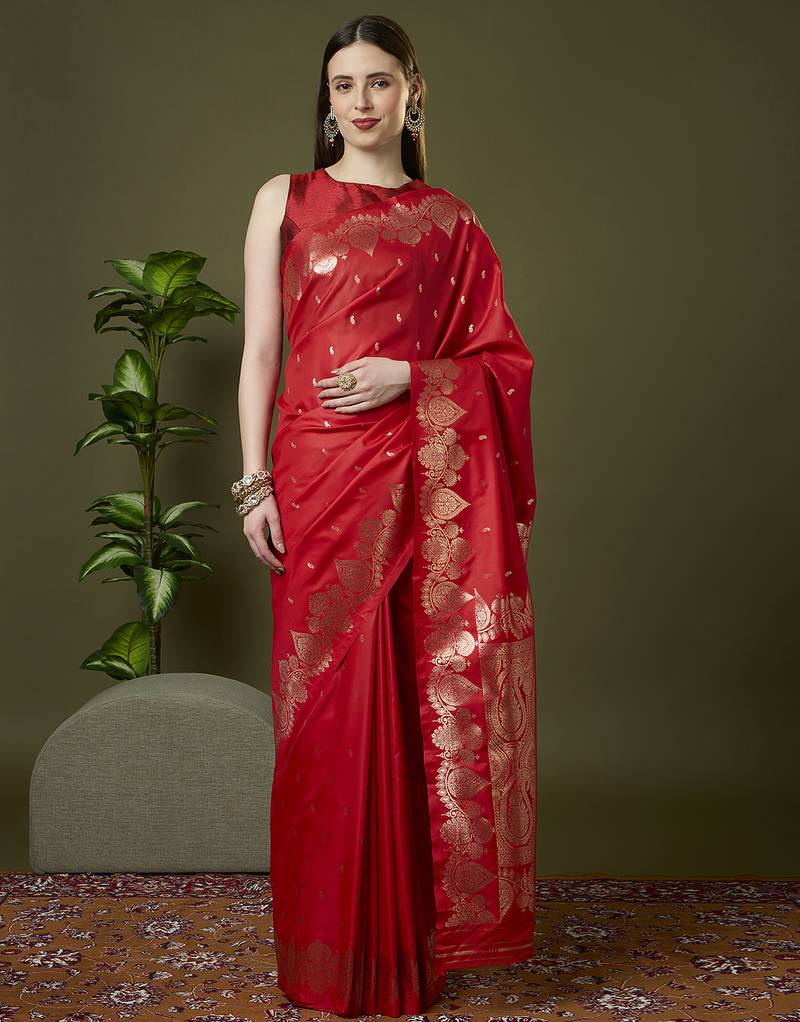 Red soft banarasi silk saree with zari weaving meenakari design