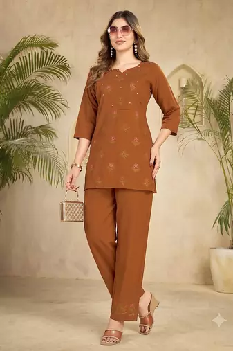 Trendy orange floral embroidered ethnic co-ord set for women