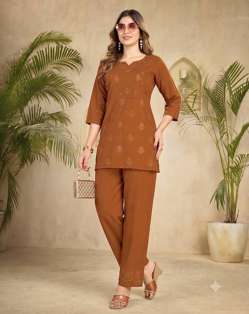 Trendy orange floral embroidered ethnic co-ord set for women