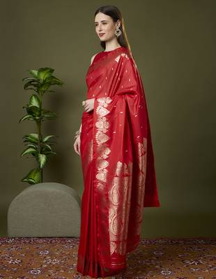 Red soft banarasi silk saree with zari weaving meenakari design 2