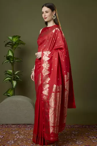 red soft silk blend saree with zari weaving meenakari design