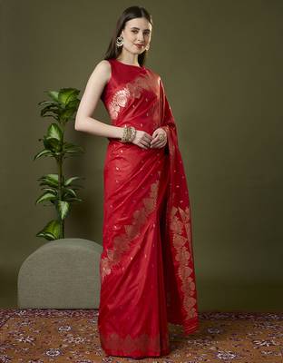 Red soft banarasi silk saree with zari weaving meenakari design 3