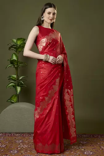 red soft silk blend saree with zari weaving meenakari design