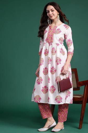 Floral Printed Pure Cotton Kurta with Trousers