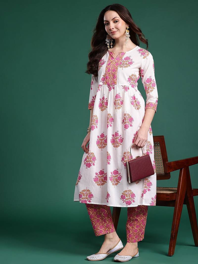 Floral Printed Pure Cotton Kurta with Trousers