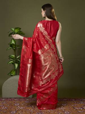 Red soft banarasi silk saree with zari weaving meenakari design 4
