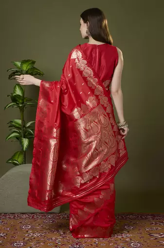 red soft silk blend saree with zari weaving meenakari design
