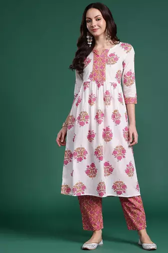Floral Printed Pure Cotton Kurta with Trousers