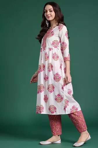 Floral Printed Pure Cotton Kurta with Trousers