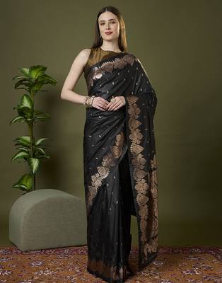 Black  soft banarasi silk saree with zari weaving meenakari design 1