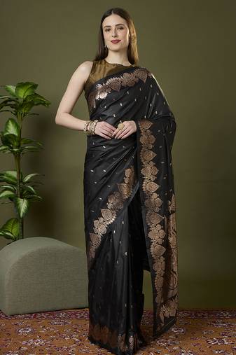 black soft silk blend saree with zari weaving meenakari design