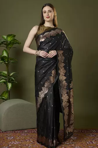 black soft silk blend saree with zari weaving meenakari design