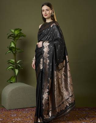 Black  soft banarasi silk saree with zari weaving meenakari design 2