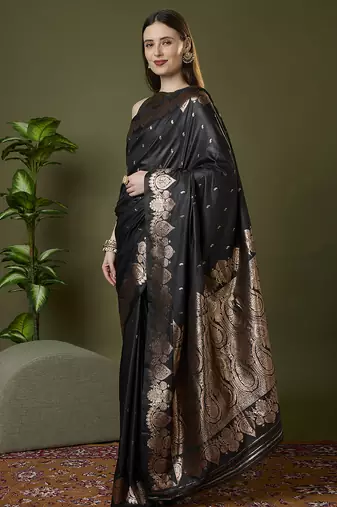 black soft silk blend saree with zari weaving meenakari design