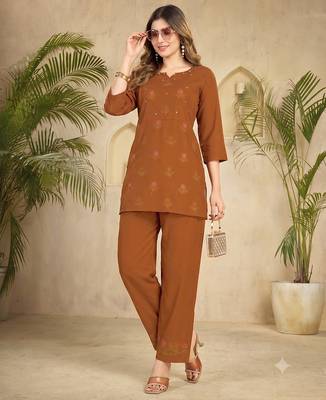 Trendy orange floral embroidered ethnic co-ord set for women 1