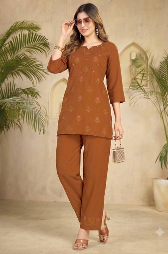 Trendy orange floral embroidered ethnic co-ord set for women