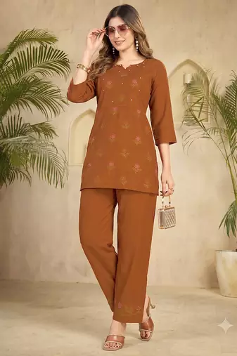 Trendy orange floral embroidered ethnic co-ord set for women