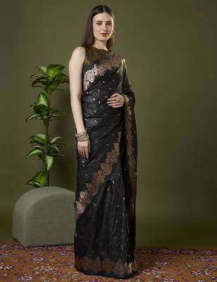 Black  soft banarasi silk saree with zari weaving meenakari design 3