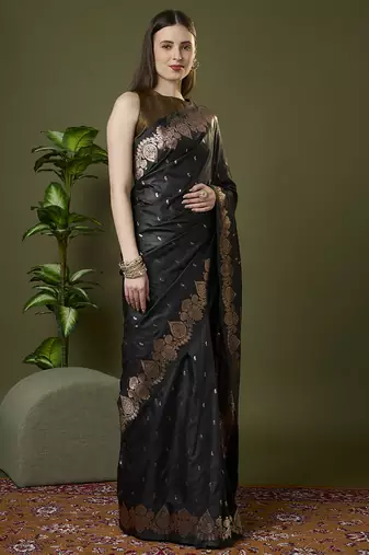 black soft silk blend saree with zari weaving meenakari design