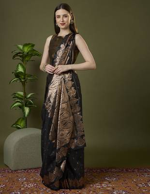 Black  soft banarasi silk saree with zari weaving meenakari design 4