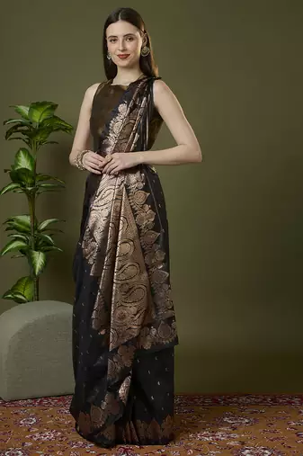 black soft silk blend saree with zari weaving meenakari design