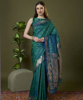 Rama green soft banarasi silk saree with zari weaving meenakari design 1