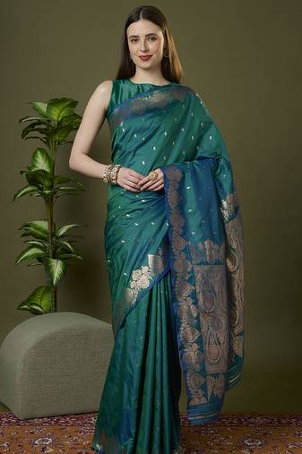 rama green soft silk blend saree with zari weaving meenakari design