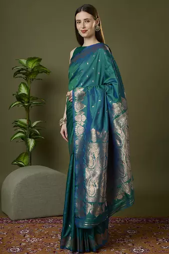 rama green soft silk blend saree with zari weaving meenakari design