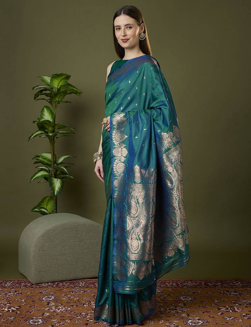 Rama green soft banarasi silk saree with zari weaving meenakari design