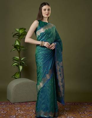 Rama green soft banarasi silk saree with zari weaving meenakari design 3