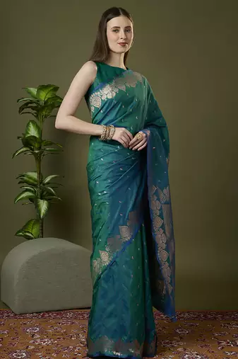 rama green soft silk blend saree with zari weaving meenakari design