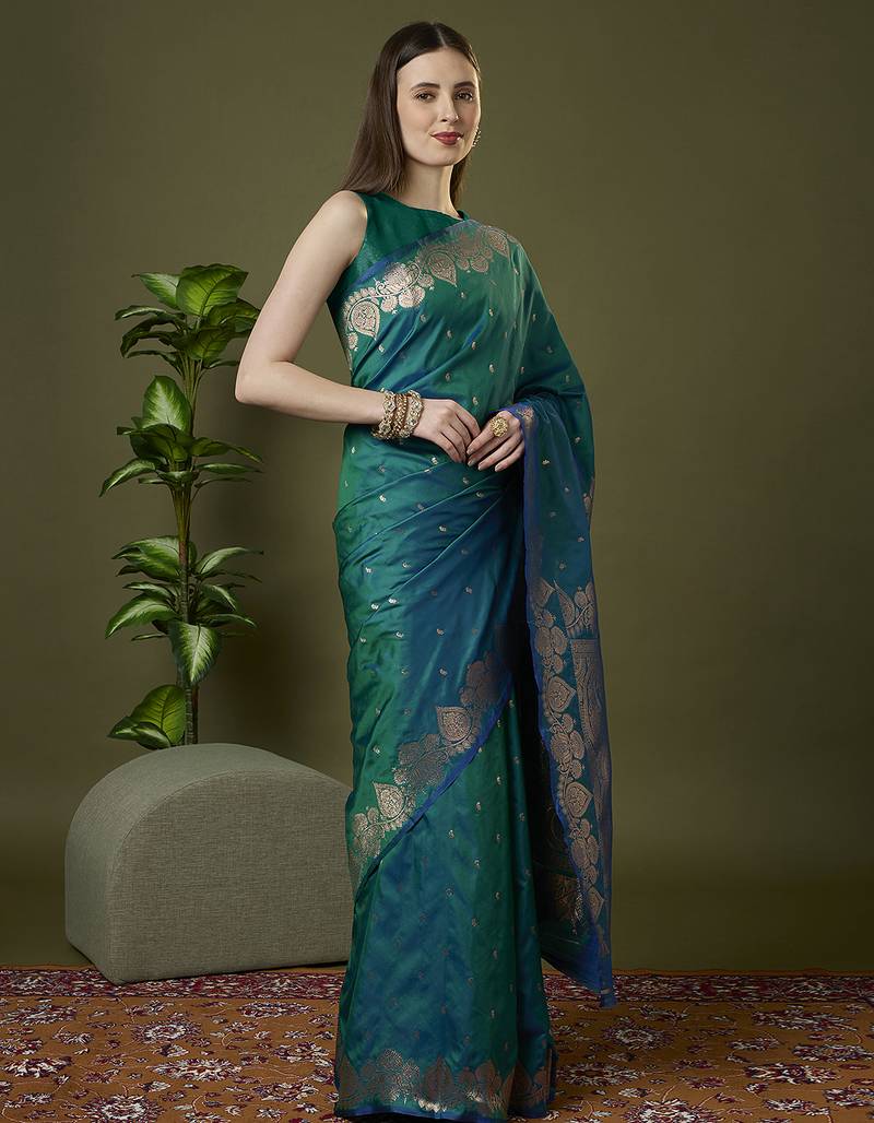 Rama green soft banarasi silk saree with zari weaving meenakari design