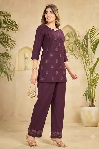 Trendy wine floral embroidered ethnic co-ord set for women