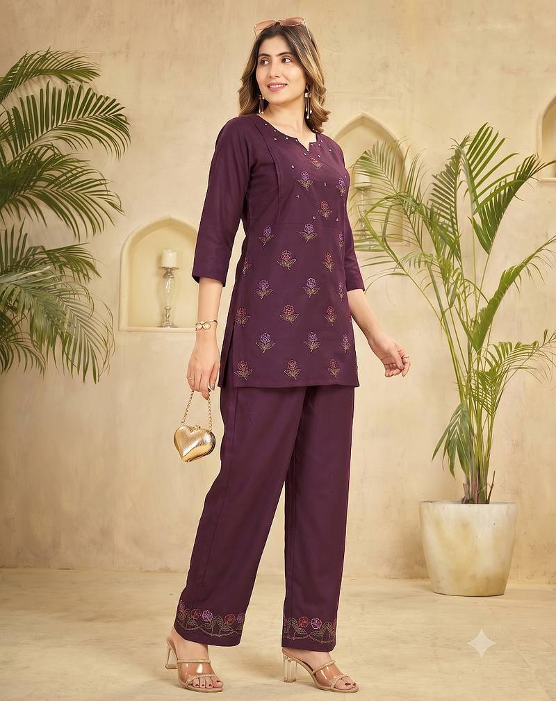 Trendy wine floral embroidered ethnic co-ord set for women