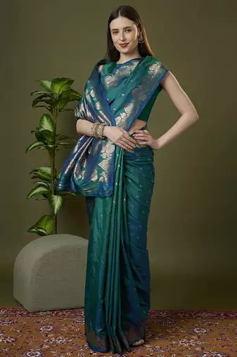rama green soft silk blend saree with zari weaving meenakari design