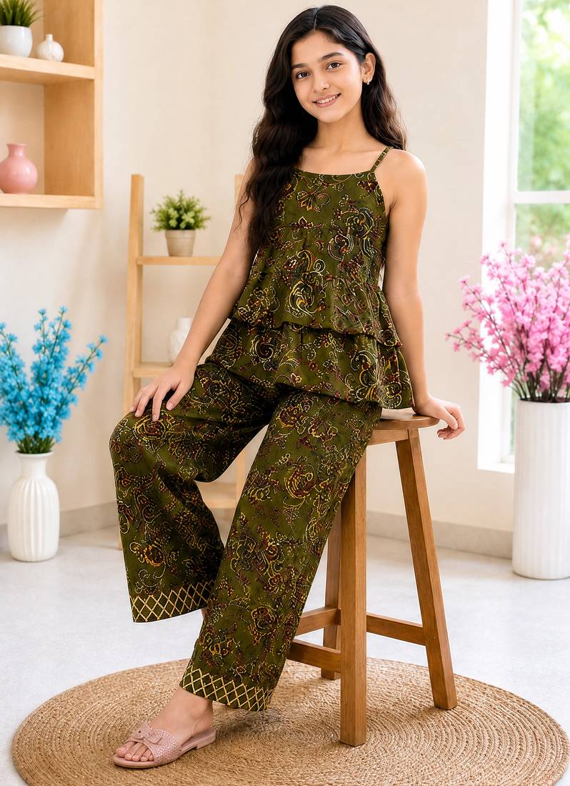 Mehendi poly rayon paisley digital printed set for girls kid