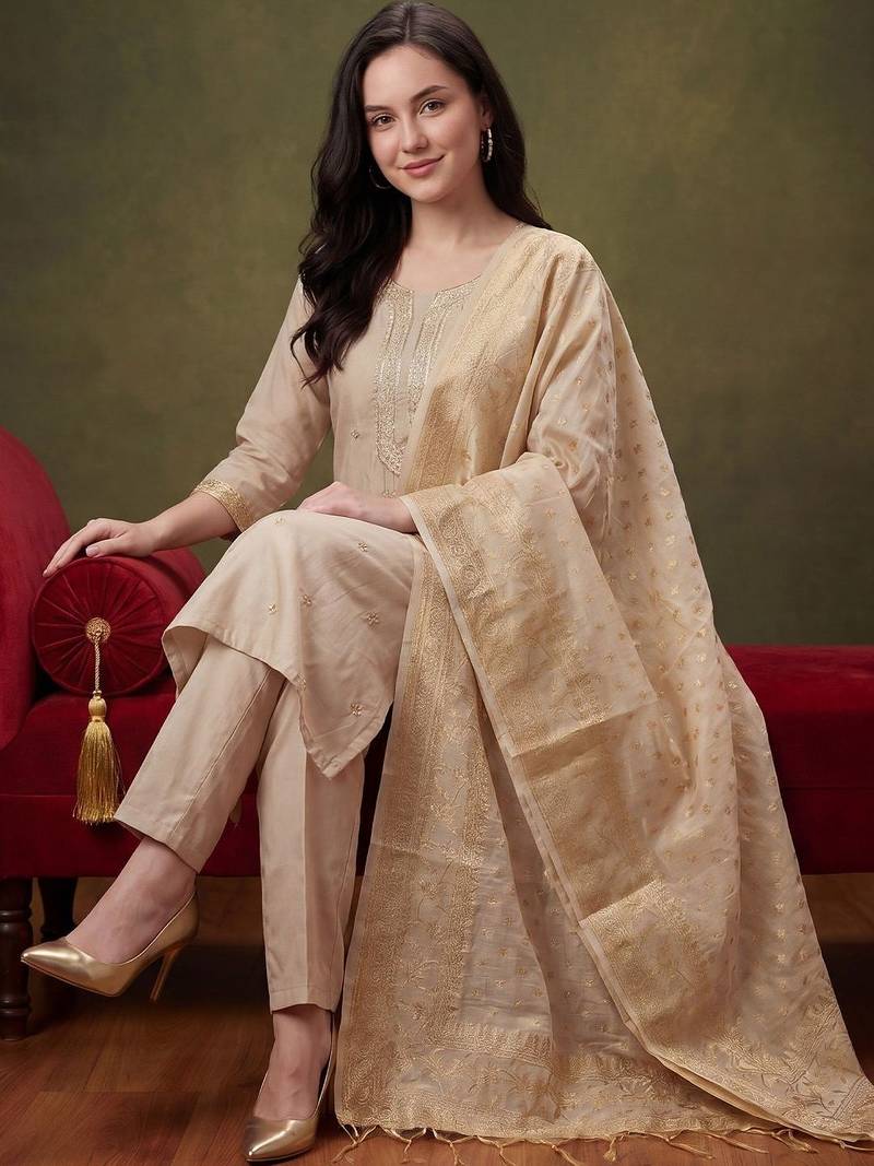 Women Ethnic Motifs Embroidered Regular Thread Work Kurta with Trousers & With Dupatta