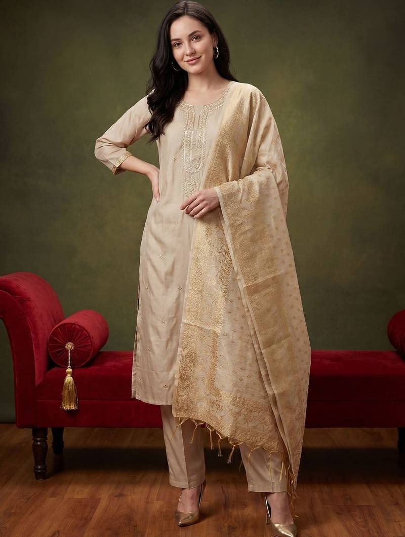 Women Ethnic Motifs Embroidered Regular Thread Work Kurta with Trousers & With Dupatta