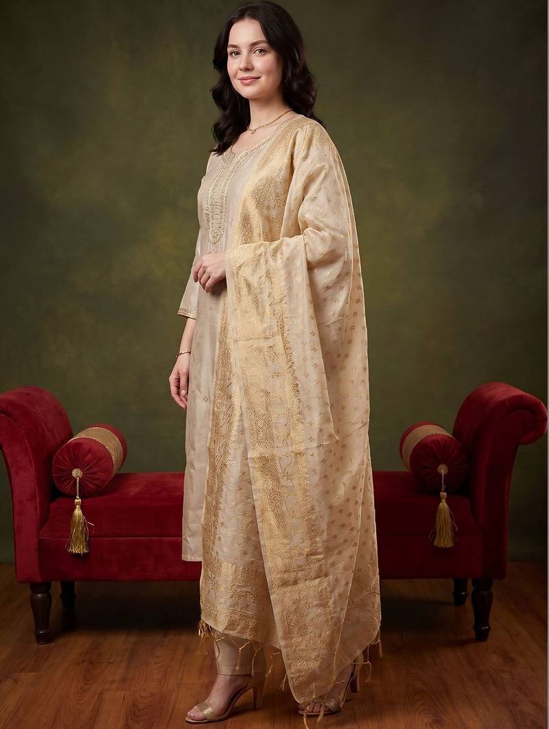 Women Ethnic Motifs Embroidered Regular Thread Work Kurta with Trousers & With Dupatta