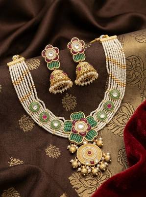 Antique gold-plated kundan pearl bridal necklace set with jhumka | traditional ethnic jewelry 1