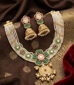 Antique gold-plated kundan pearl bridal necklace set with jhumka | traditional ethnic jewelry