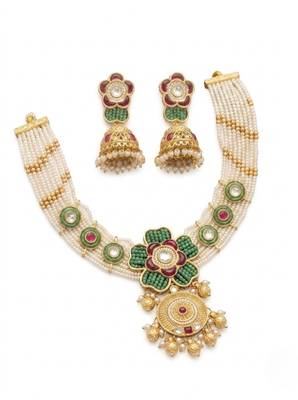 Antique gold-plated kundan pearl bridal necklace set with jhumka | traditional ethnic jewelry 2