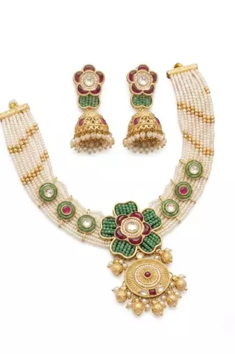 Antique gold-plated kundan pearl bridal necklace set with jhumka | traditional ethnic jewelry