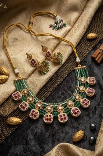 Traditional polki & green beaded choker necklace set with jhumka earrings | gold-plated ethnic bridal jewelry
