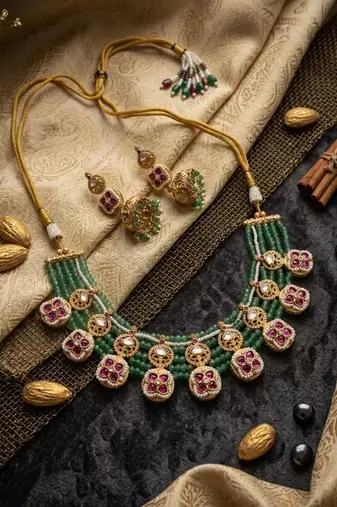 Traditional polki & green beaded choker necklace set with jhumka earrings | gold-plated ethnic bridal jewelry